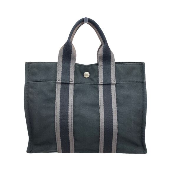 Hermès Fourre Tout PM Canvas Tote Bag Black Gray Striped Handles France - Picture 1 of 15